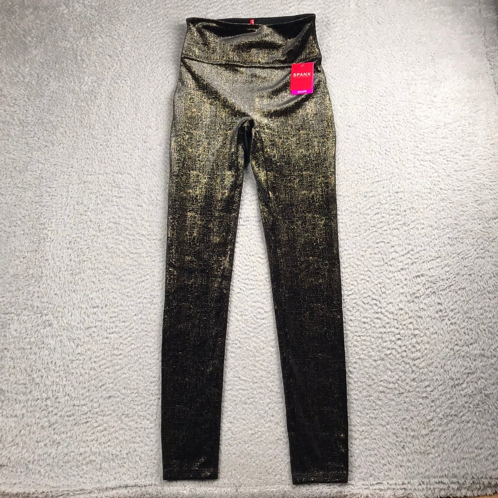 Spanx Velvet Shine Legging Womens‎ S Black Gold Metallic High Waist Pull On NEW